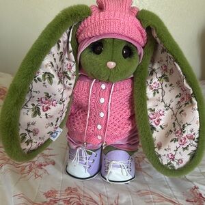 Pink and Green Plush Bunny with Knitted Accessories